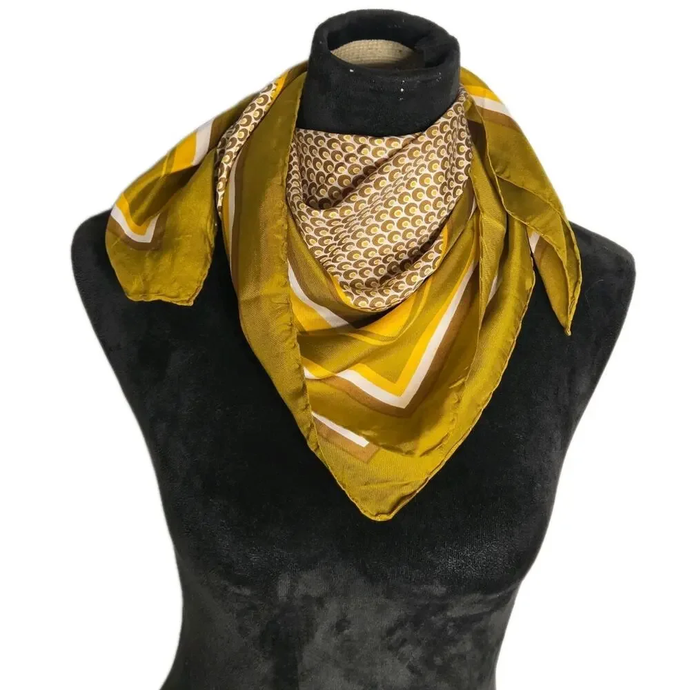 VTG 100% Silk Mod Olive Mustard Geometric 26x26 Square Scarf Retro Mod Wrap - Picture 2 of 5